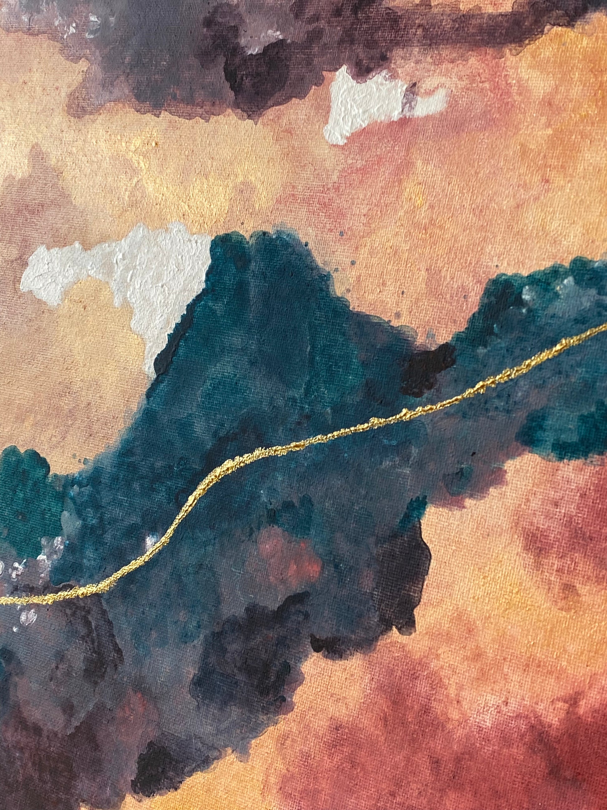 abstract acrylic painting on canvas. the blue, gold, burgundy, pink and white colors are flowing together like a river. ideal for a minimalistic home.