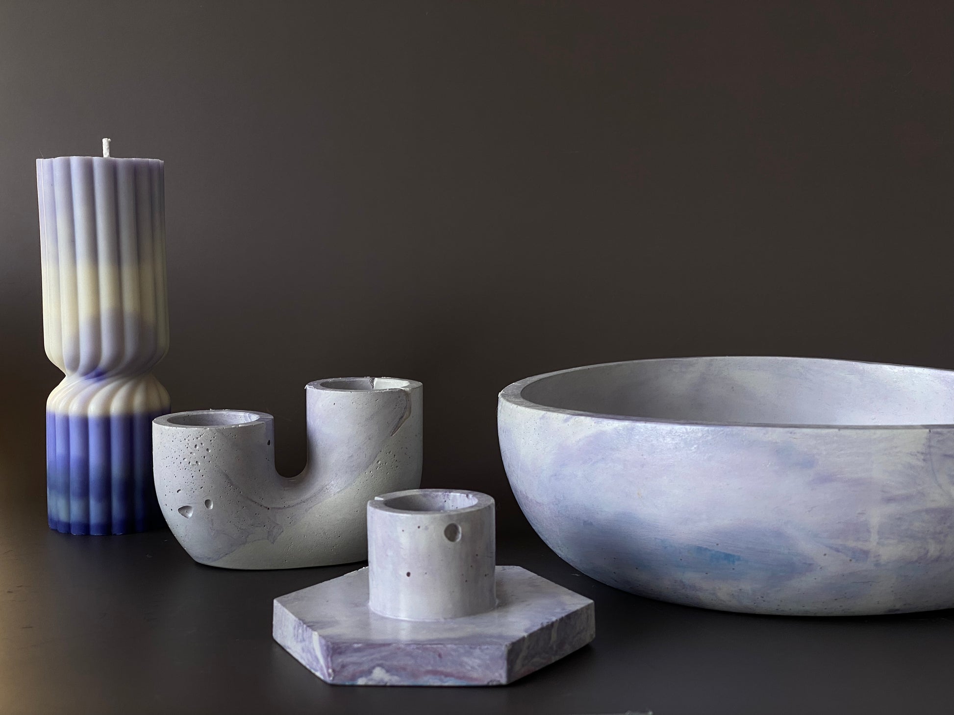 marbled concrete bowl candle holder purple and white for minimalistic home decor