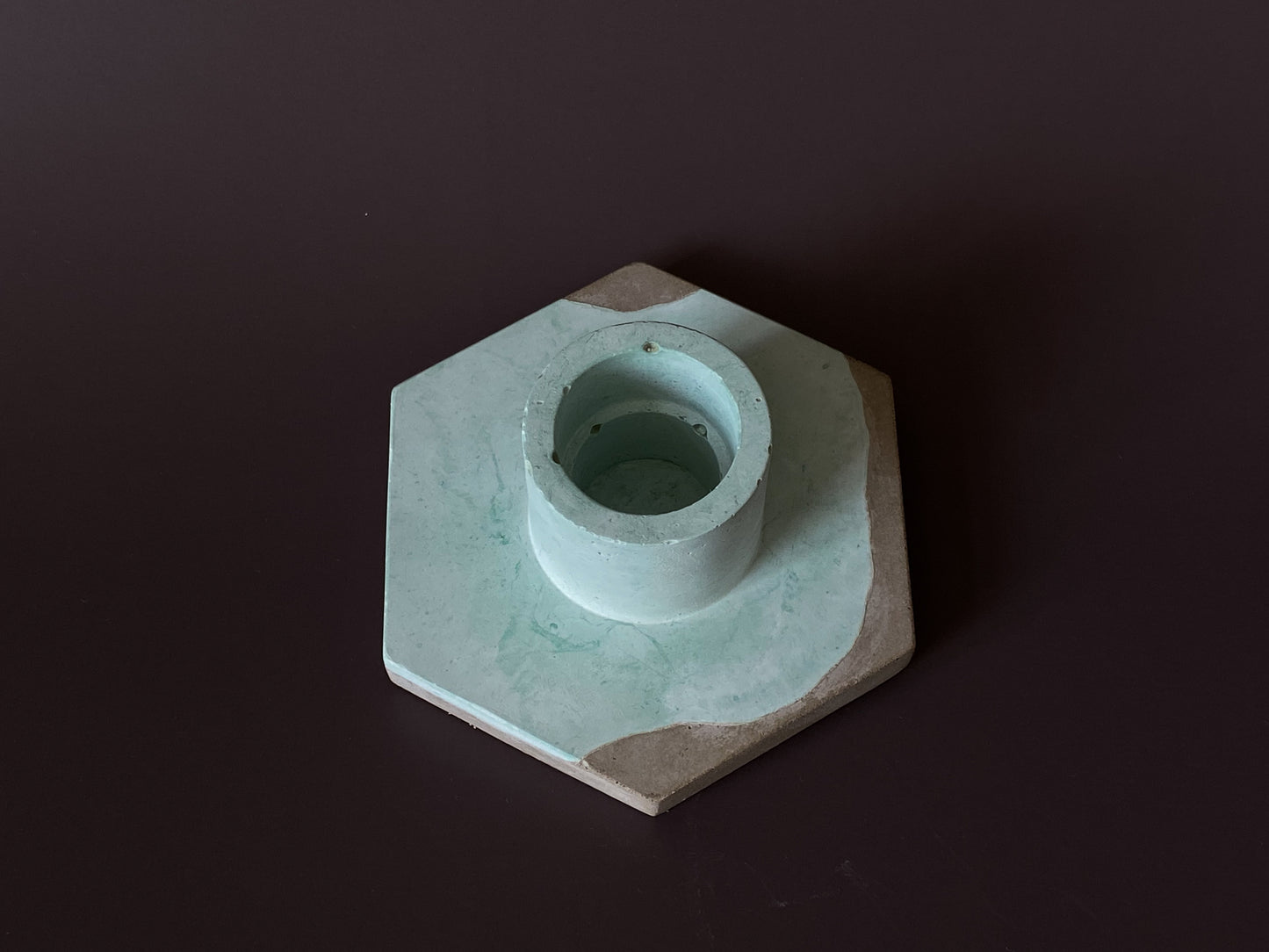 Handmade concrete candle holder, green and grey colour for minimalist and industrial home decor