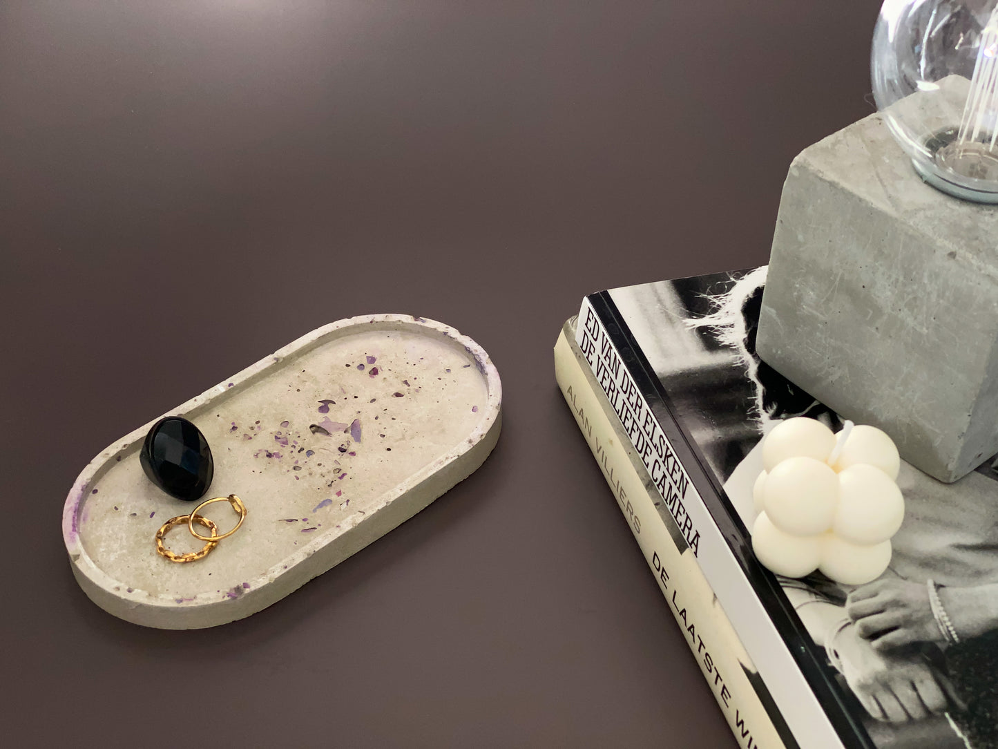 handmade concrete jewellery tray with bold design grey and purple colour for modern interiors