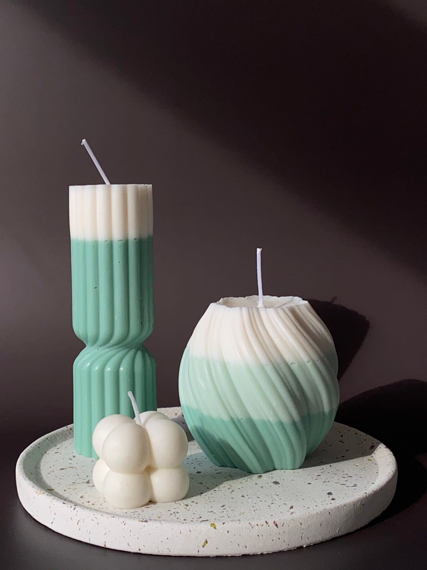 Hand-poured soy-wax pillar candle - swirl ribbed and bubble design. white and green colour for minimalist home decor