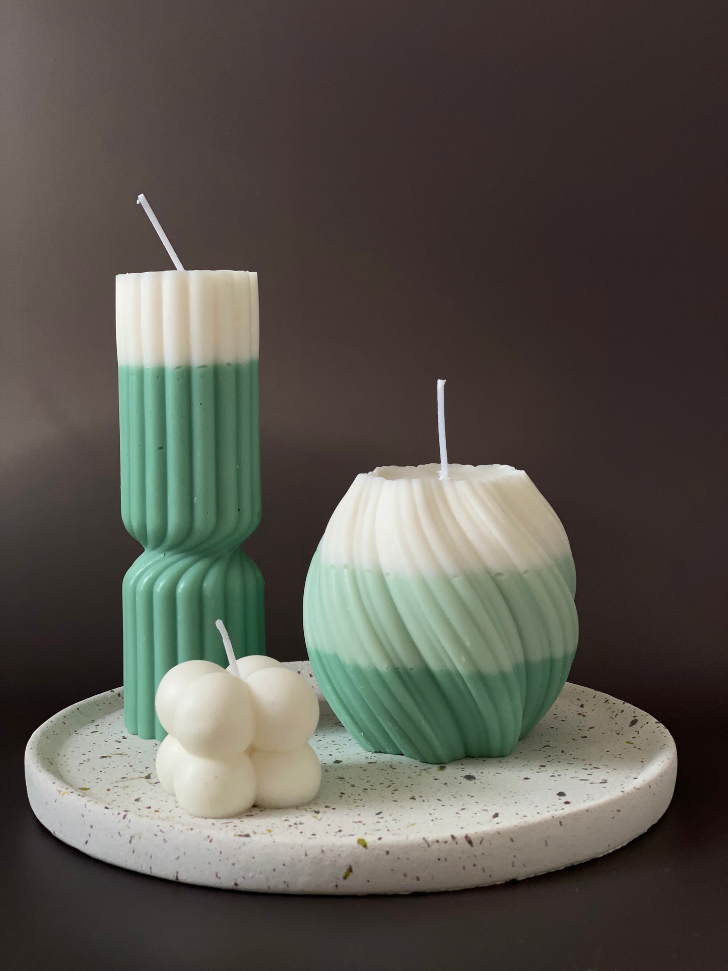 hand-poured soy-wax pillar decor candles, ribbed, swirl and bubble design for stylish home decor