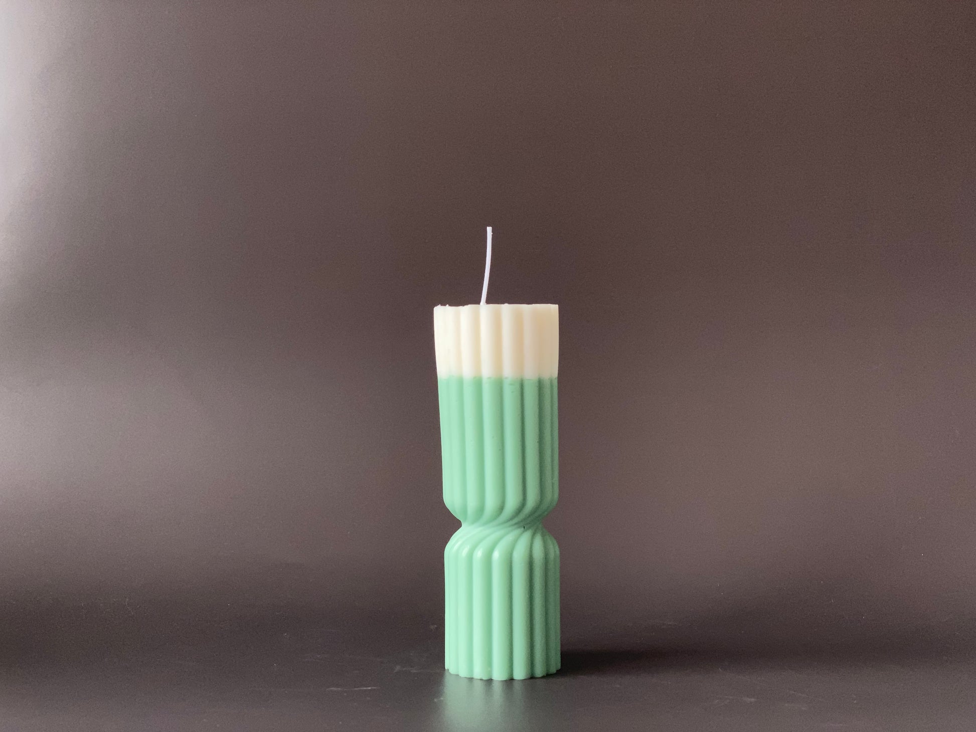 Hand-poured soy-wax pillar candle - ribbed design white and green colour for minimalist home decor